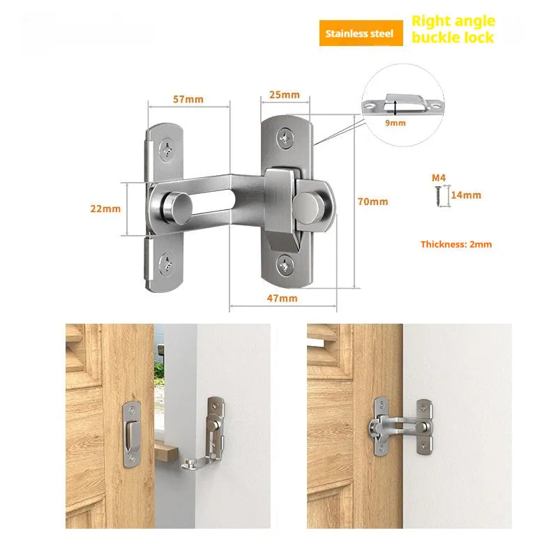 Black carbon steel and stainless steel 90-degree warehouse hook lock with flat shackle for sliding doors.