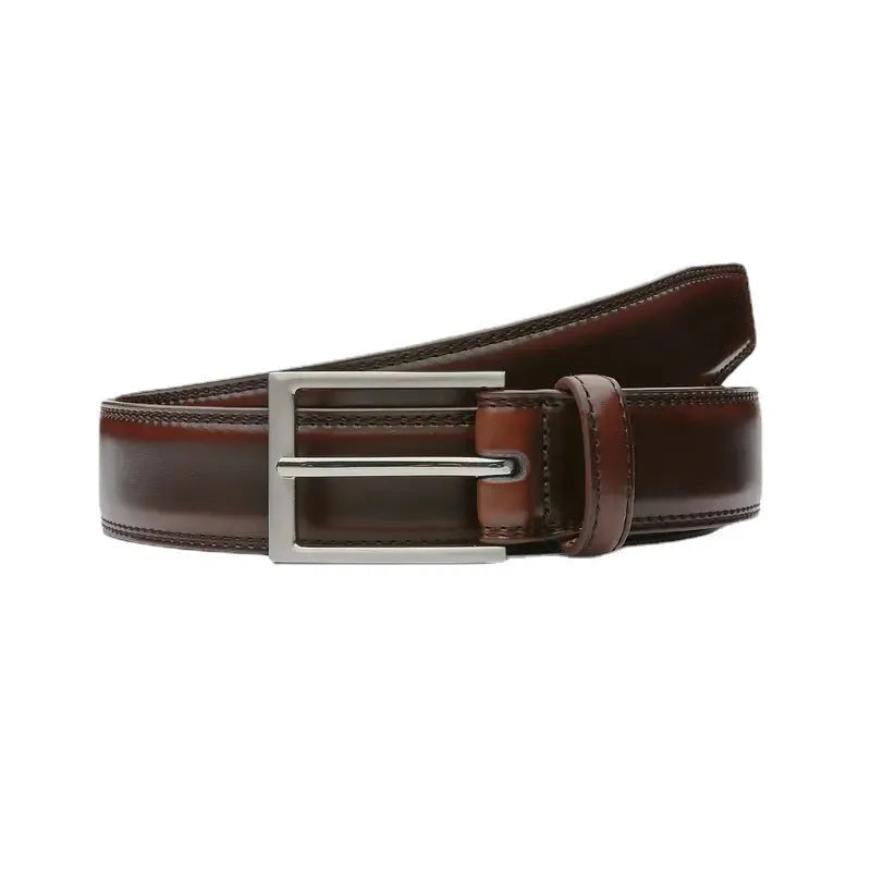 Men's genuine leather casual belt with an alloy buckle in brown, shown with length options from 110cm to 130cm