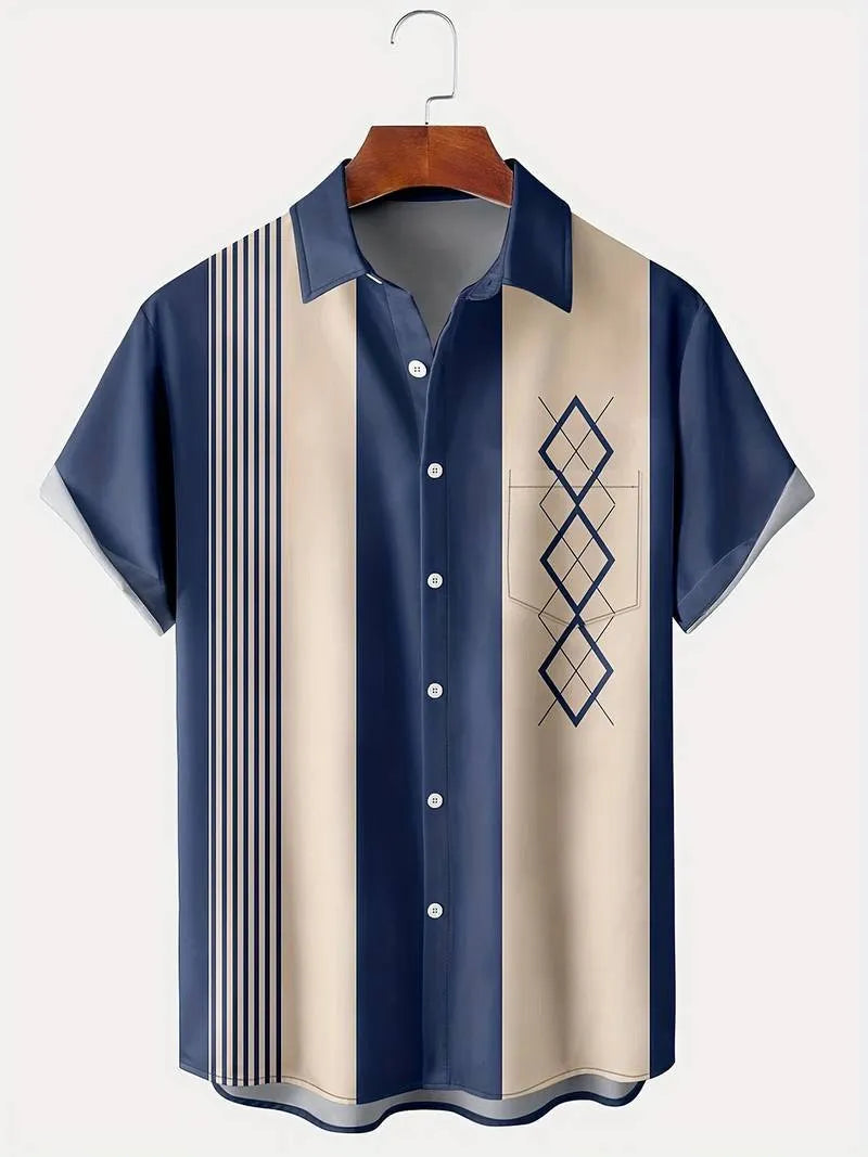 Men's loose fit plaid short-sleeve shirt with cardigan lapel in stretch polyester fabric