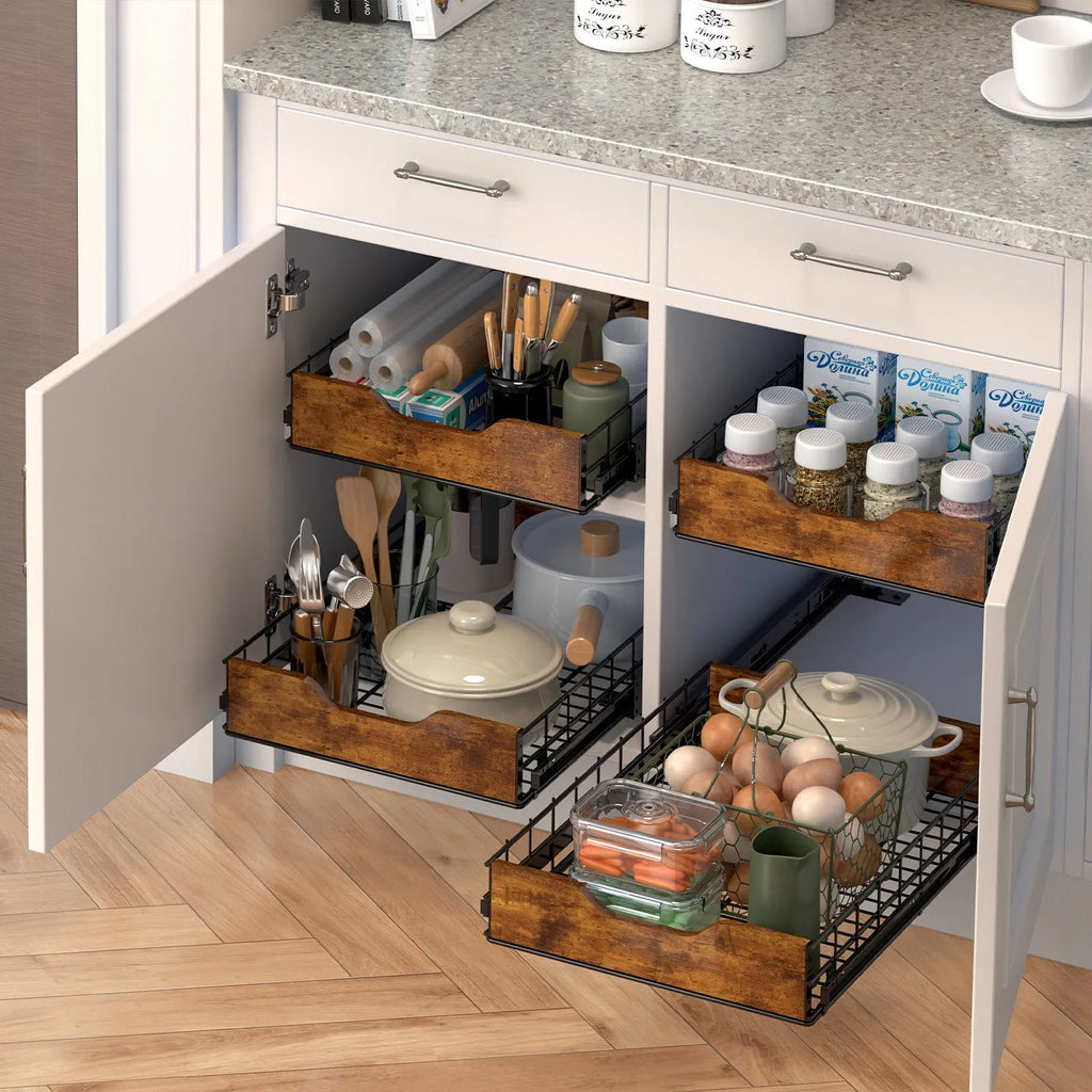 Black household storage rack with wood and iron pull basket design for multi-purpose organisation.