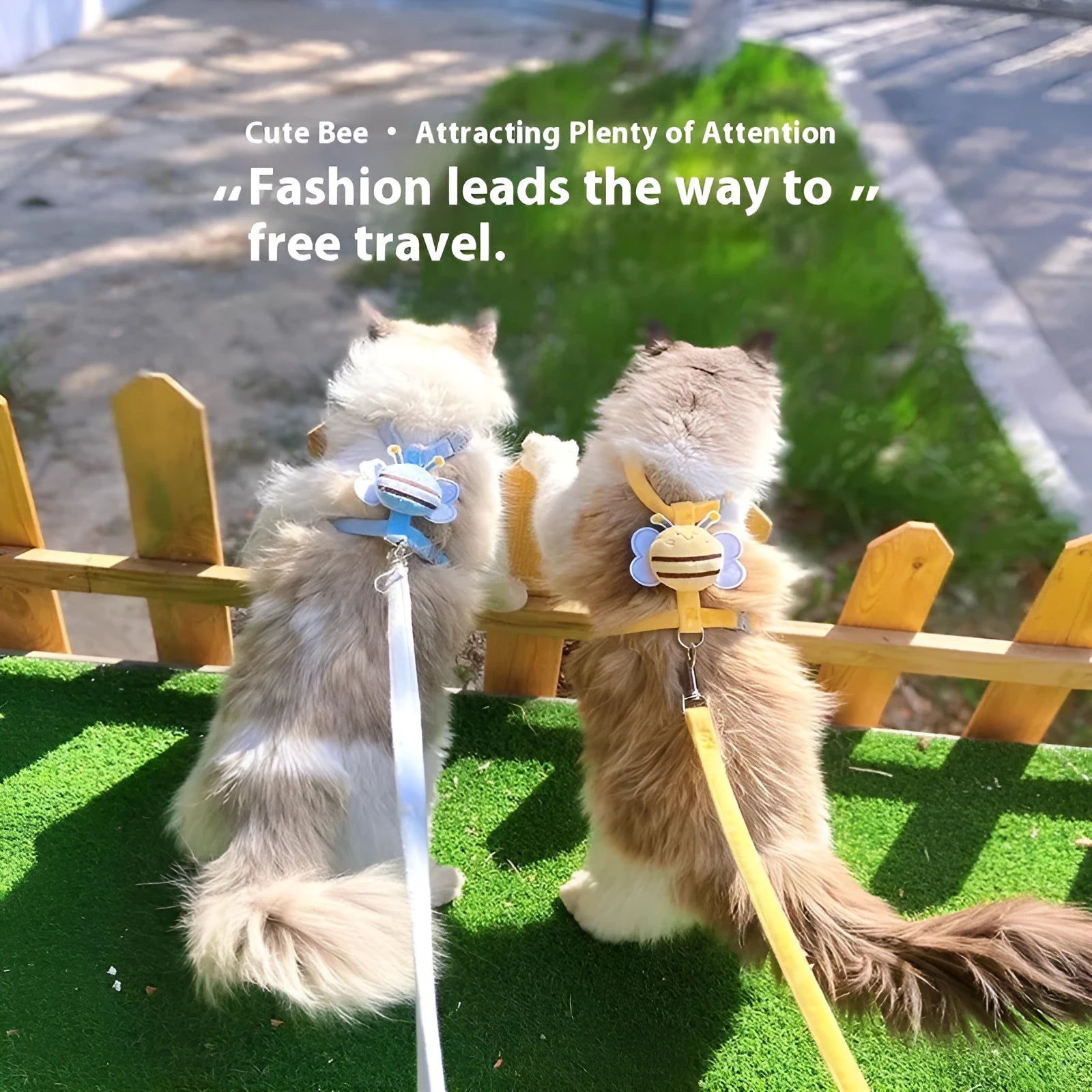 Bee-shaped adjustable cat lead in blue colour with strap and hand-holding rope