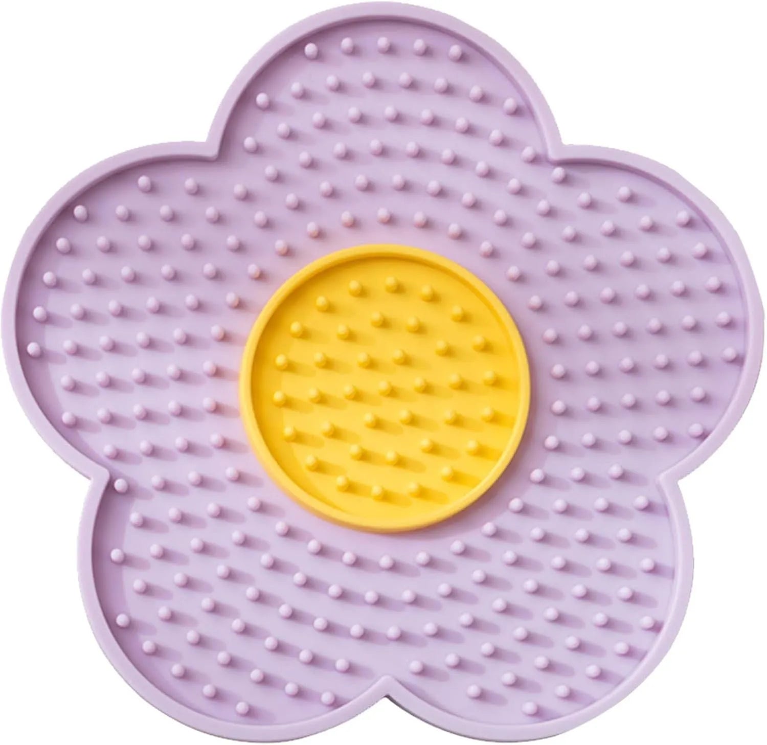 Flower-shaped silicone lick pad for cats and dogs with multiple suction cups on the back, shown in a choice of colours.