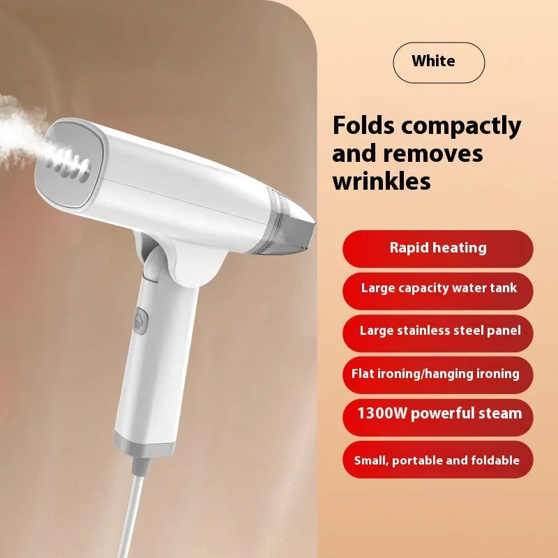 Handheld garment steamer in white or blue with mechanical controls and compact design