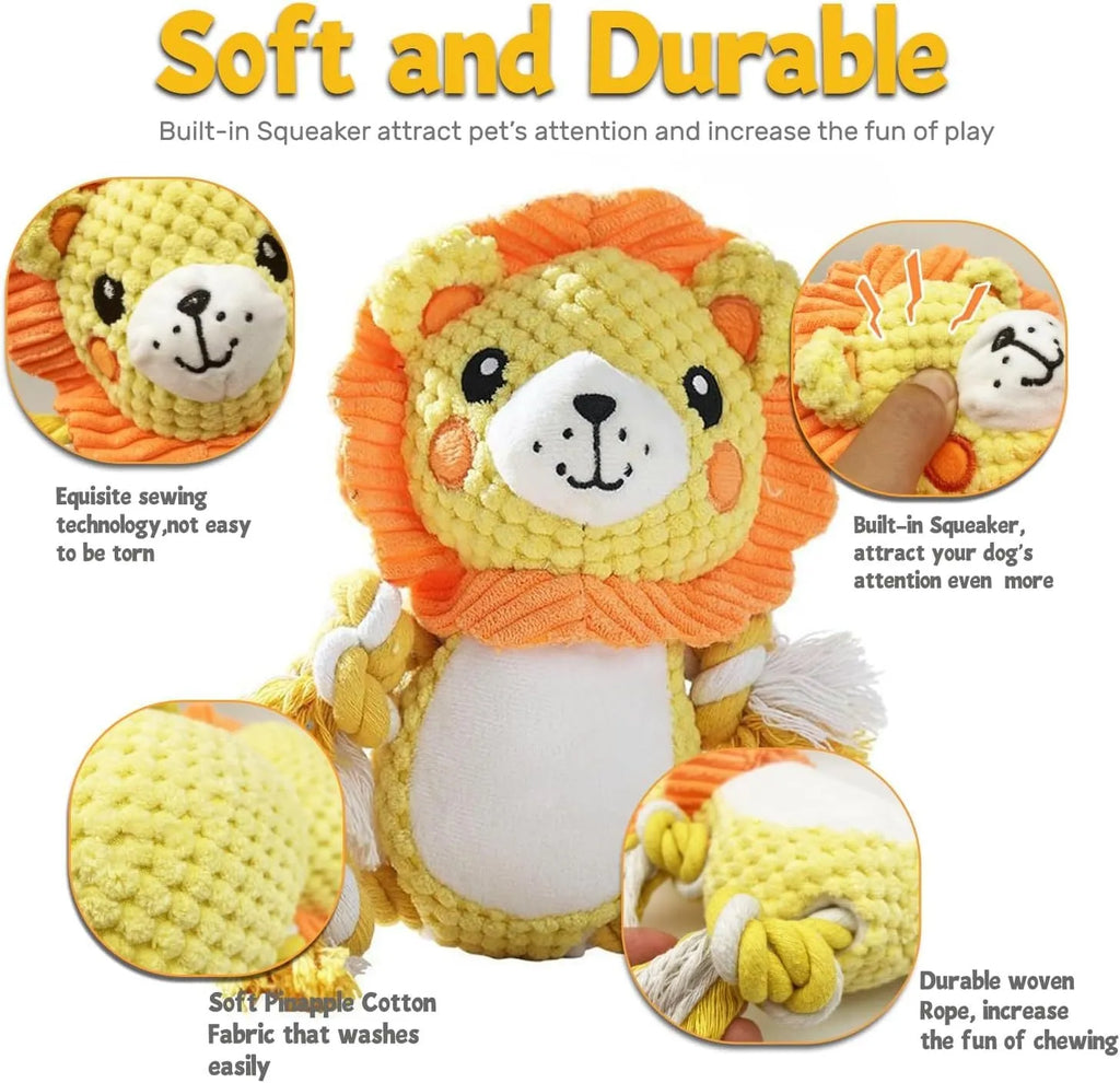 Monkey and lion plush squeaky dog toys bundle with stuffing-free construction for medium large dogs