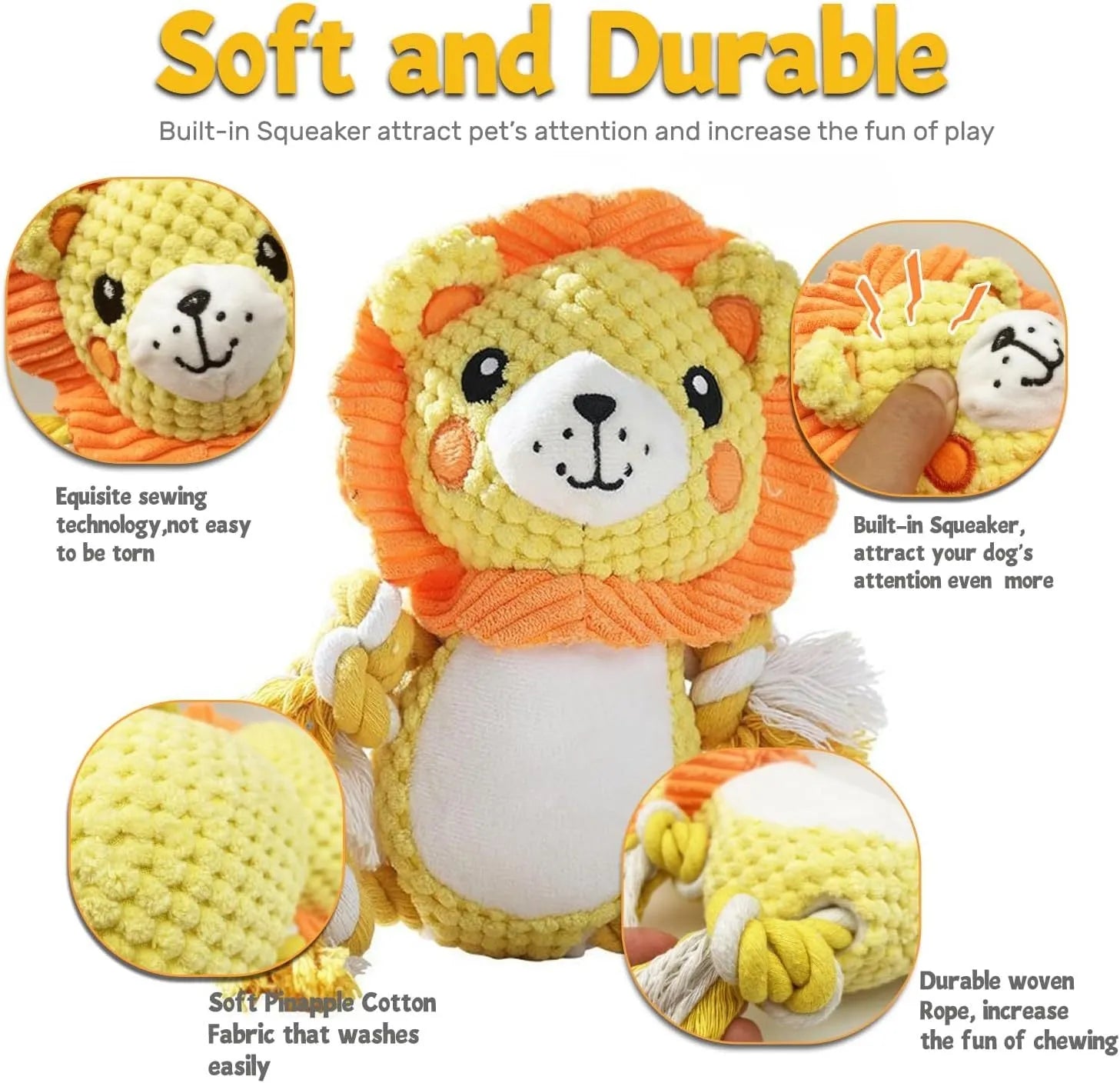 Monkey and lion plush squeaky dog toys bundle with stuffing-free construction for medium large dogs
