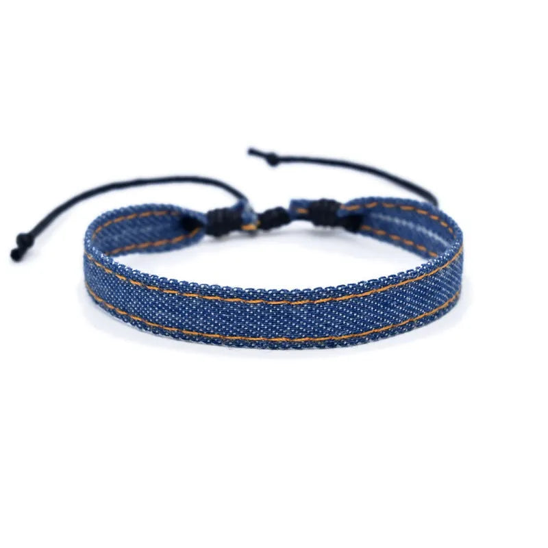 Denim fabric bracelet strap with leather adjustable cord in multiple colour options