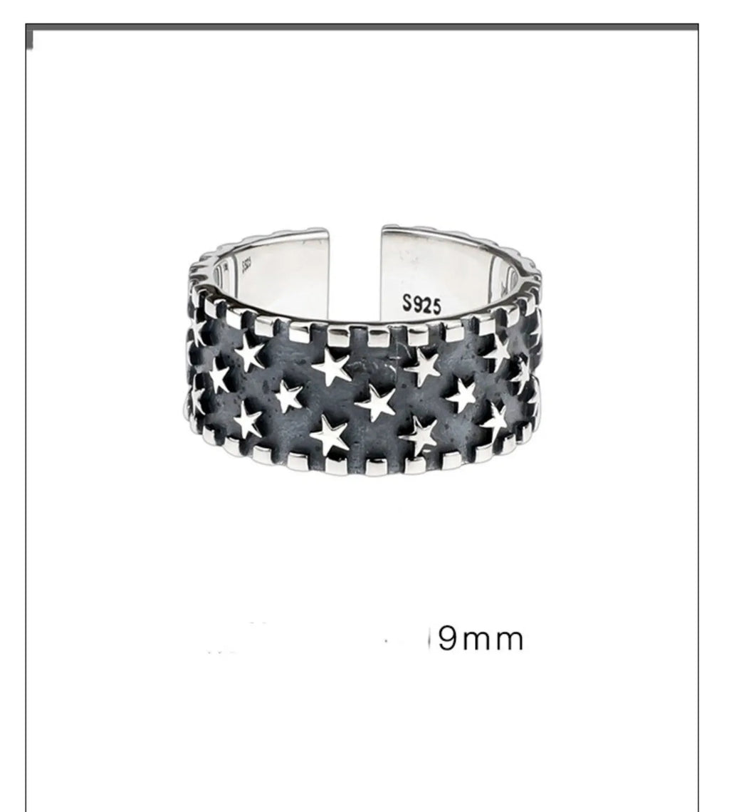 Adjustable silver ring with geometric five-pointed star pattern in 925 sterling silver