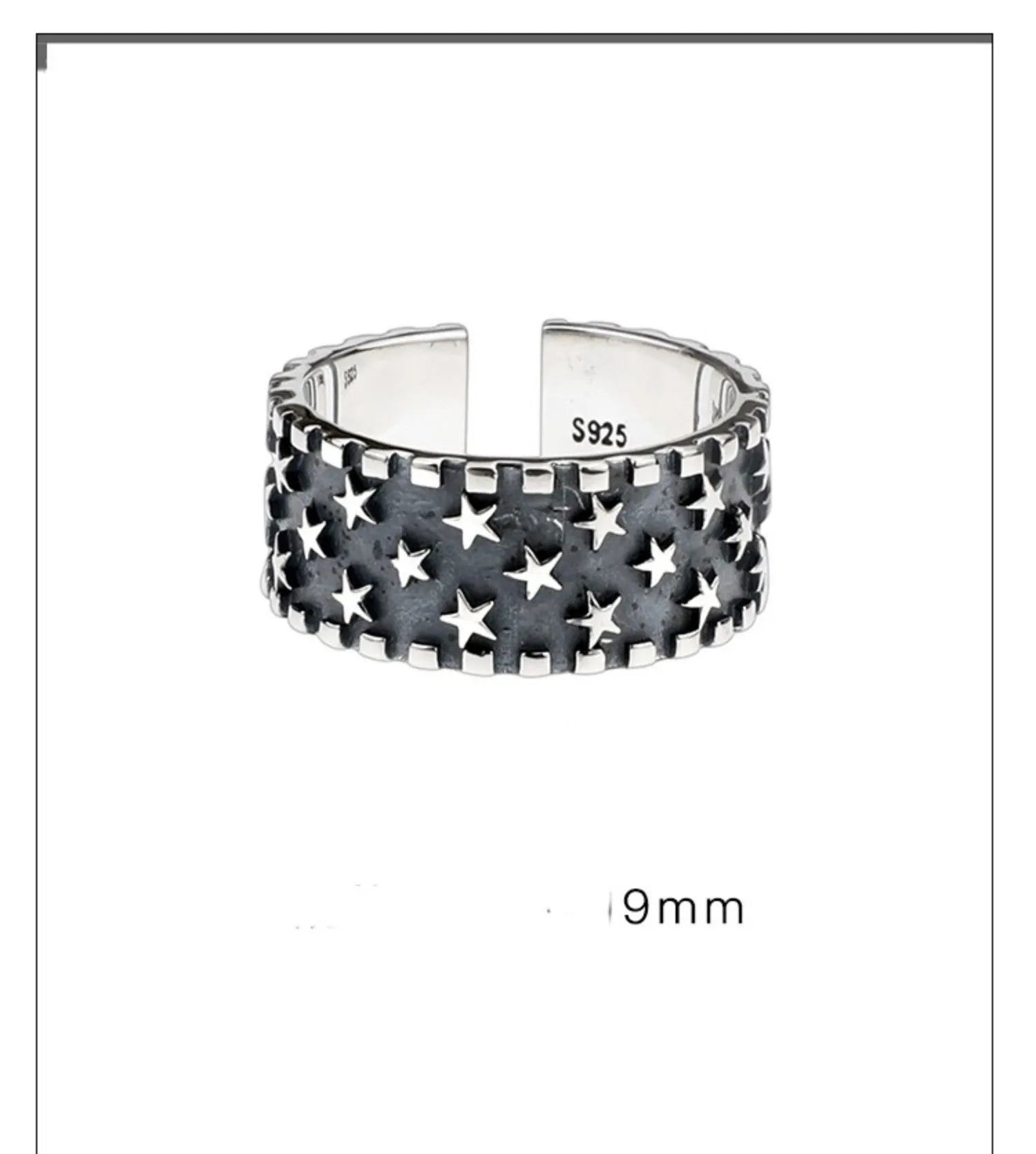 Adjustable silver ring with geometric five-pointed star pattern in 925 sterling silver