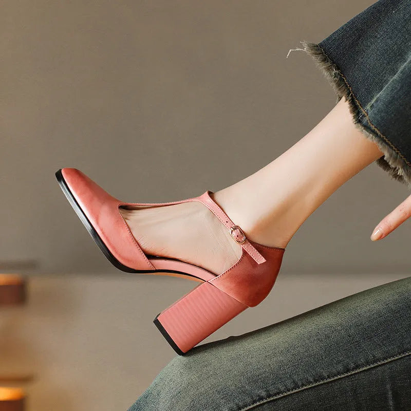 Women's dark brown retro pointed toe Mary Jane shoes with Baotou hollow design and a buckle strap.