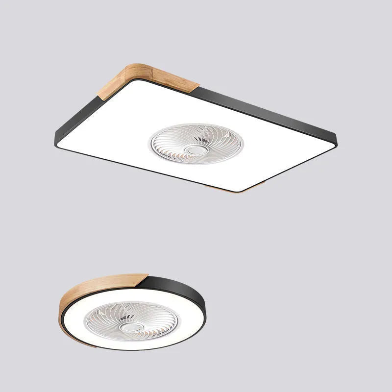 Nordic-style ceiling fan light with solid wood blades, shown in rectangular, round, and square shape options.