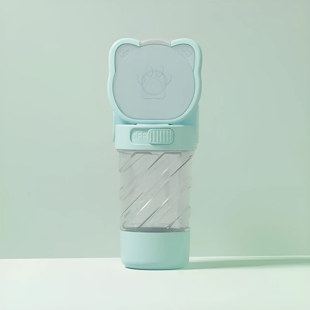 Green 3-in-1 portable pet water bottle with food container and waste bag dispenser showing rotary switch