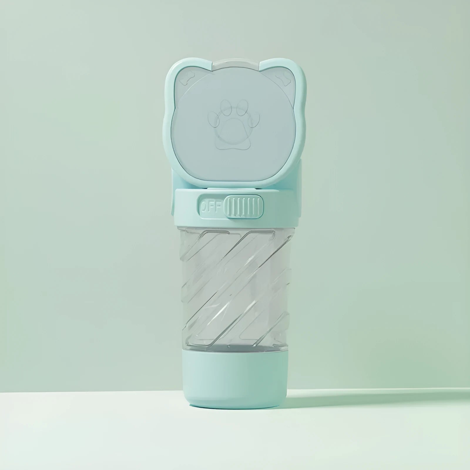 Green 3-in-1 portable pet water bottle with food container and waste bag dispenser showing rotary switch