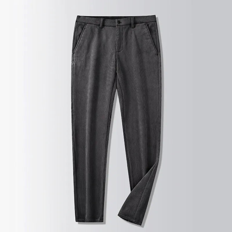 Men's straight-leg striped trousers in khaki colour shown laid flat, featuring a zip fly and no belt loops.