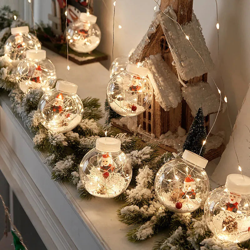 Christmas curtain light string with ten LED wishing ball lamps showing snowman, Christmas tree and elder designs