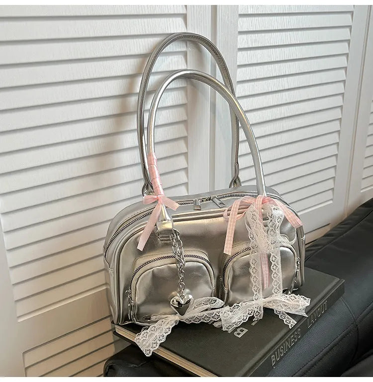 Women's soft PU shoulder bag in horizontal square design with double adjustable straps