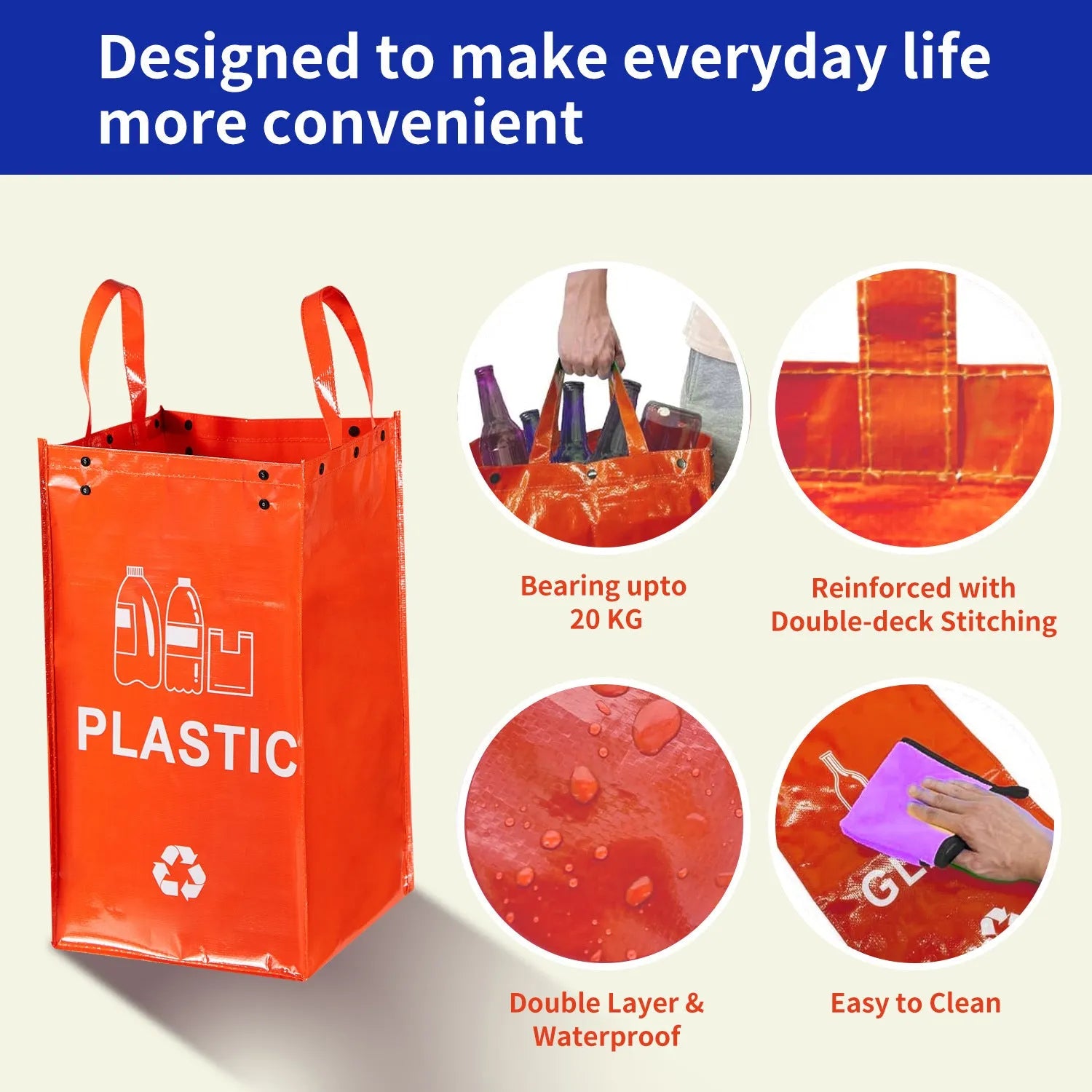 Blue 40-litre reusable PP plastic bin bag with dimensions 30cm wide by 50cm high.