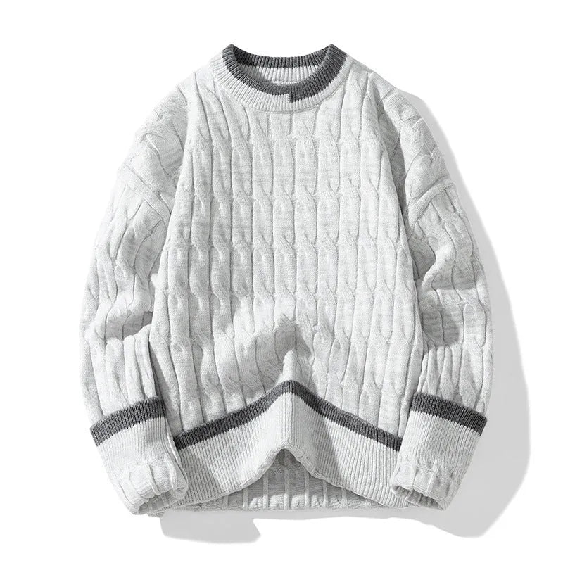 Men's loose fit modal acrylic two-piece jumper set in light blue, showing pullover and trousers.