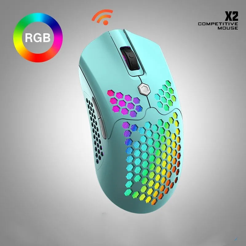 Free Wolf X2 wireless RGB gaming mouse in multiple colour options on gaming desk