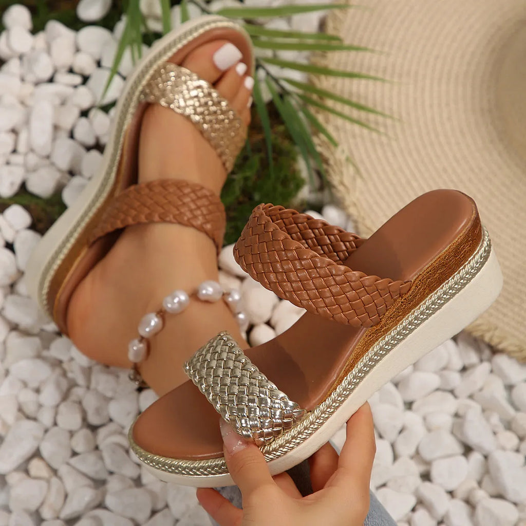 Women's plus size wedge sandals in gold or silver with PU upper and rubber sole