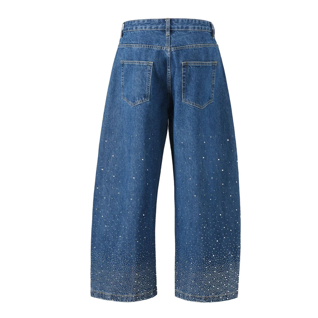 Blue loose-fitting wide-leg high street trousers on a hanger