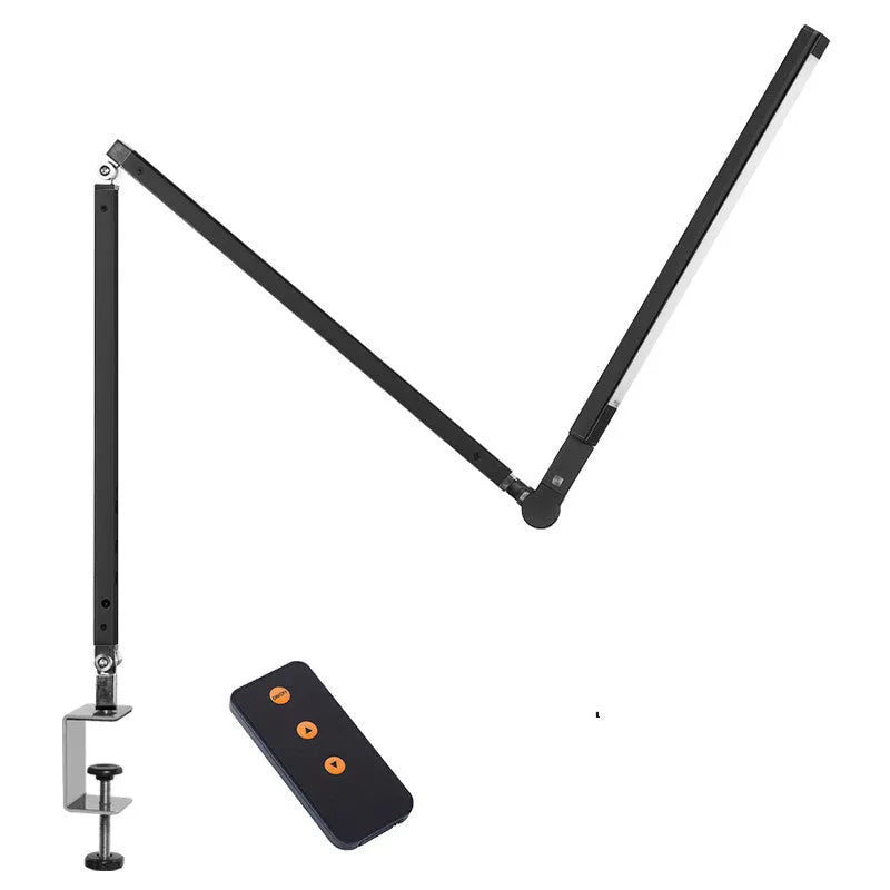 Aluminium clip-on folding desk lamp with remote control, shown in dazzling black finish.