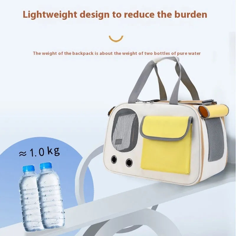 A foldable single shoulder pet bag in canvas, shown in yellow, green, and black colour options.
