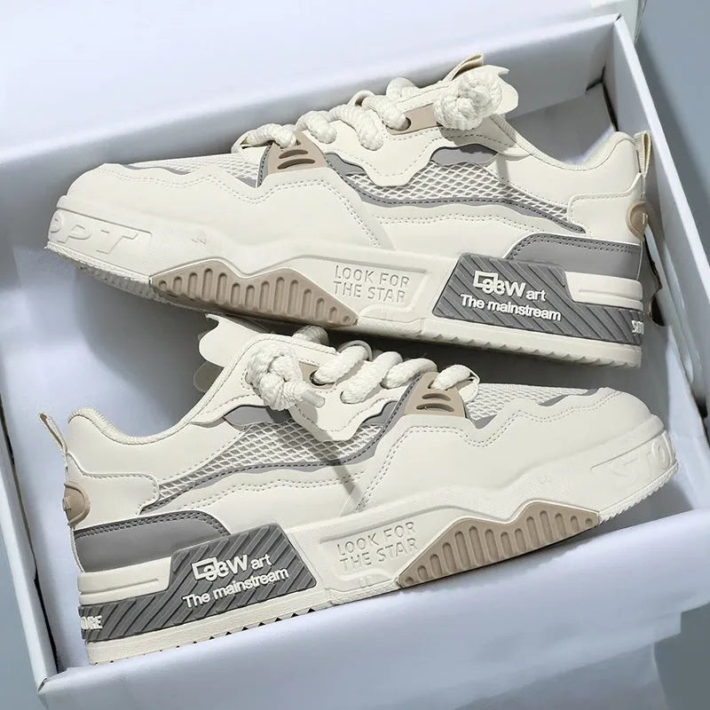 Men's white casual board shoes with rubber soles and mesh lining in three colour variations