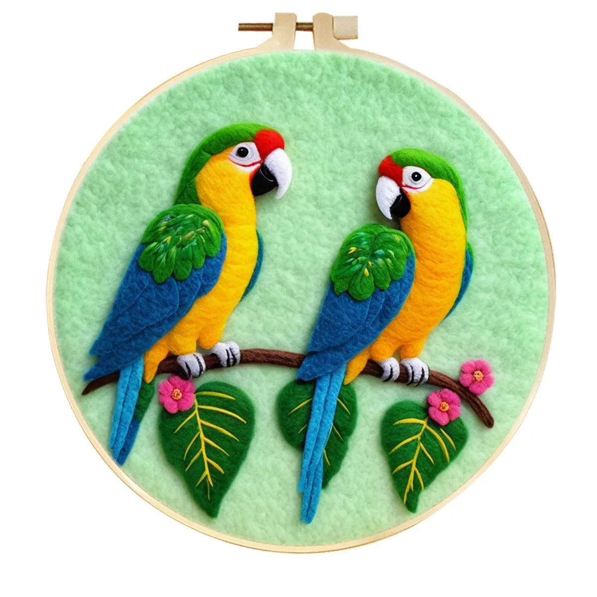 Round linen embroidery kit with wool felt pieces for 3D flowers and leaves, includes a free frame.