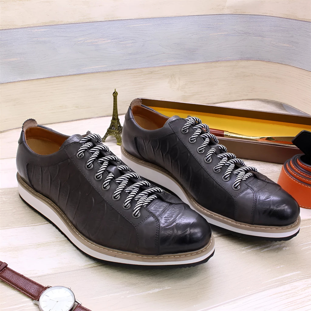 Men's fashion shoes with embossed pattern, low-tube design, and front tie closure in multiple colour options