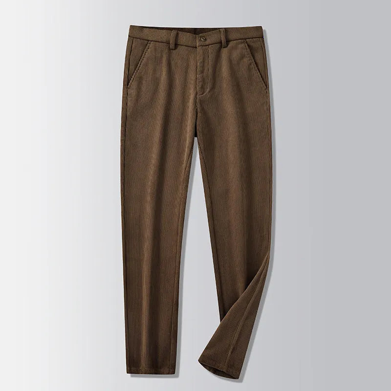 Men's straight-leg striped trousers in khaki colour shown laid flat, featuring a zip fly and no belt loops.