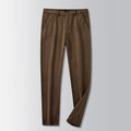 Men's straight-leg striped trousers in khaki colour shown laid flat, featuring a zip fly and no belt loops.