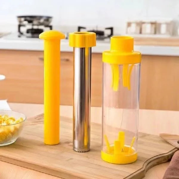 Yellow cylindrical corn stripper tool with ABS plastic and stainless steel construction