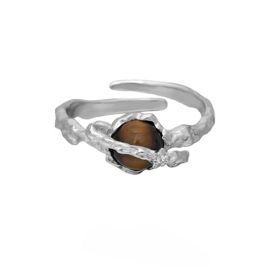 Women's adjustable silver ring with Saturn and Tigereye design in white gold electroplated finish