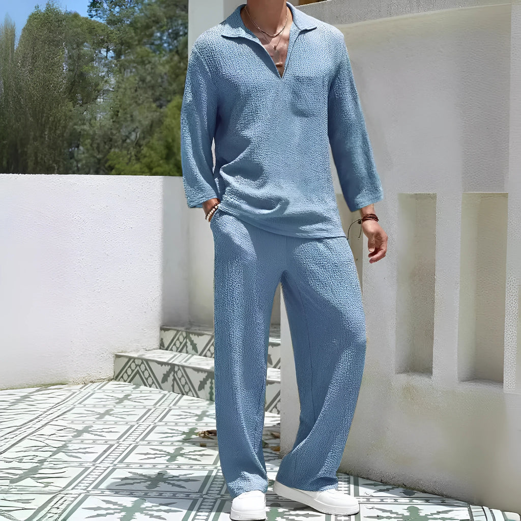 Men's casual shirt and trousers commuter suit set in polyester, shown in lake blue colour