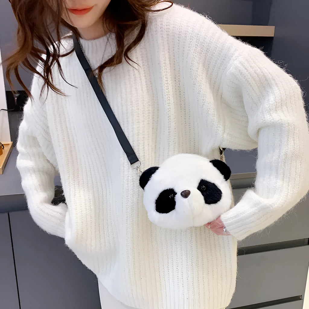 Soft plush panda head crossbody shoulder bag with cylindrical shape and sandwich pockets