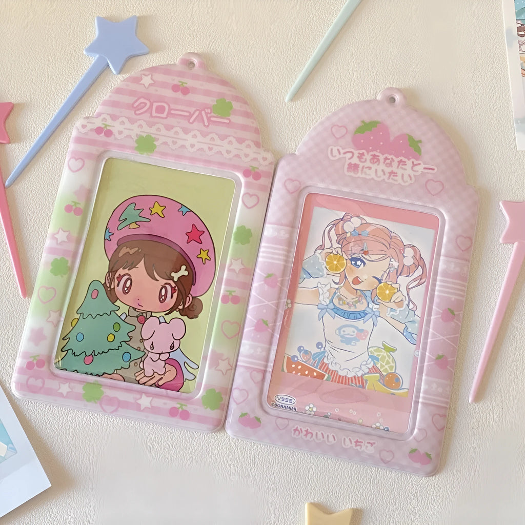 Cartoon strawberry or four-leaf clover PVC meal card holder pendant with clear card sleeve