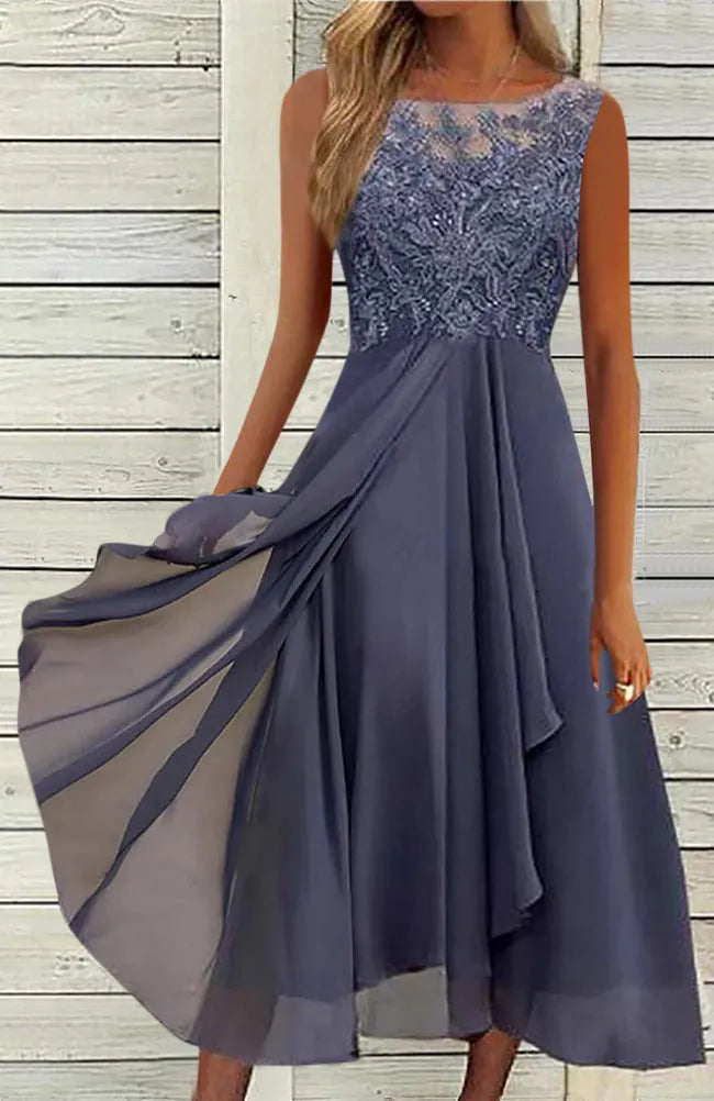 Women's sleeveless chiffon dress with lace hollow-out stitching in green, shown in midi length princess style