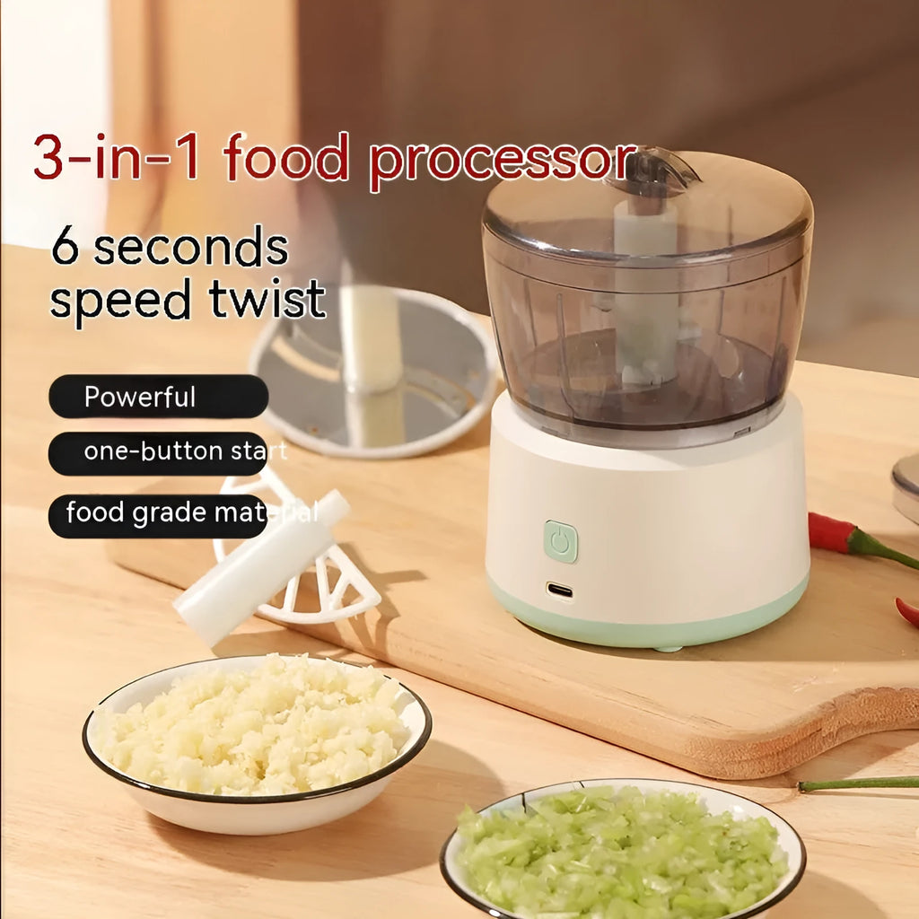 Mini USB rechargeable meat grinder with transparent bowl on anti-slip mat