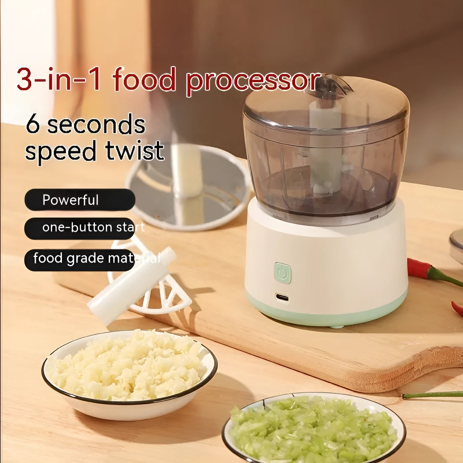 Mini USB rechargeable meat grinder with transparent bowl on anti-slip mat