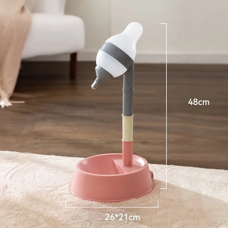 Green adjustable-height standing water dispenser for pets with a detachable pole and separate bowl.