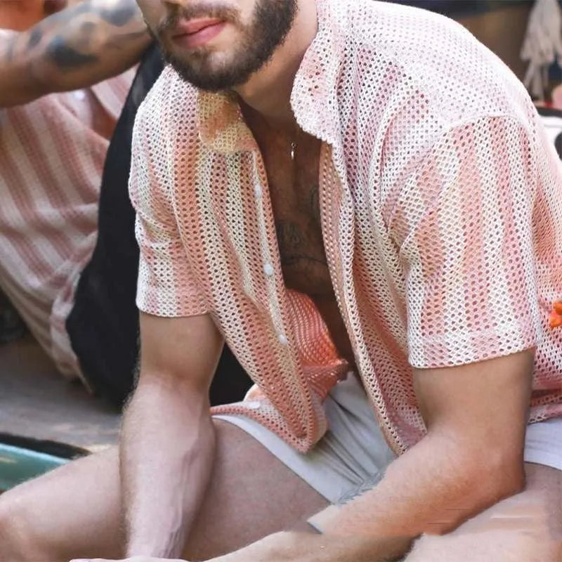 Pink men's waffle knit cardigan shirt with short sleeves and loose fit