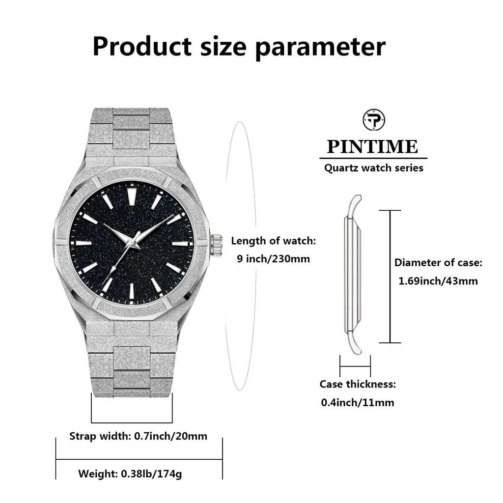 Men's stainless steel business watch with luminous markers and frosted finish