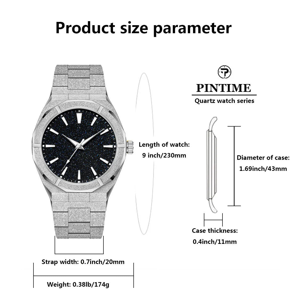 Men's stainless steel business watch with luminous markers and frosted finish