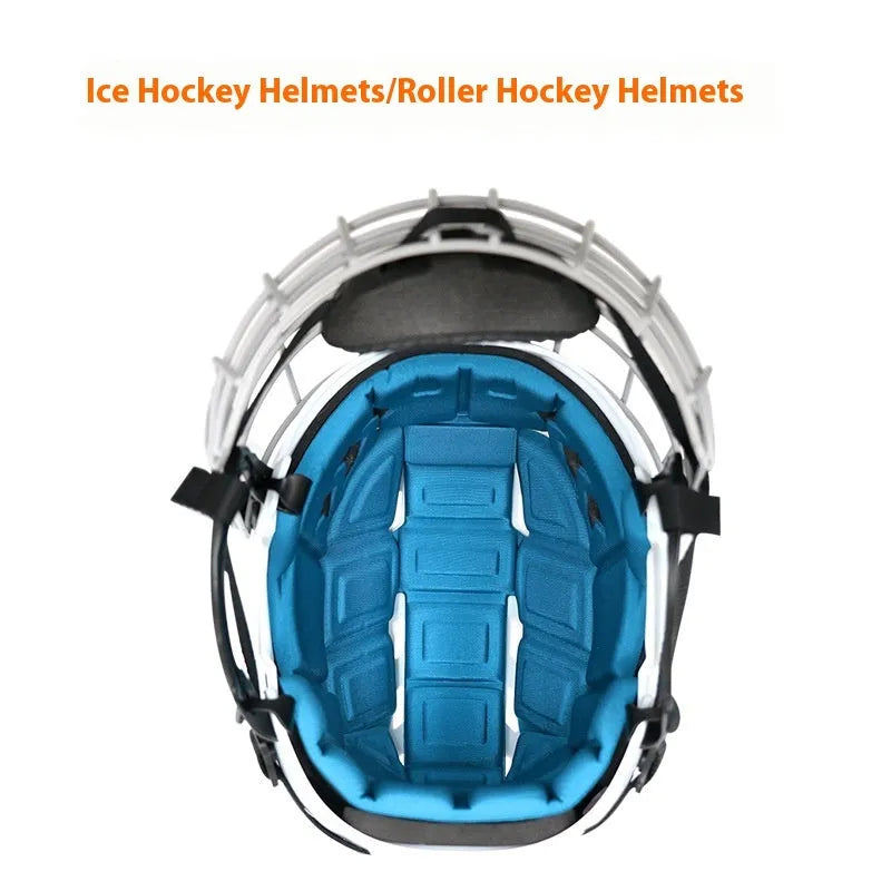 Ice hockey helmet with a carbon steel face mask, shown in size S, M, L, or XL.