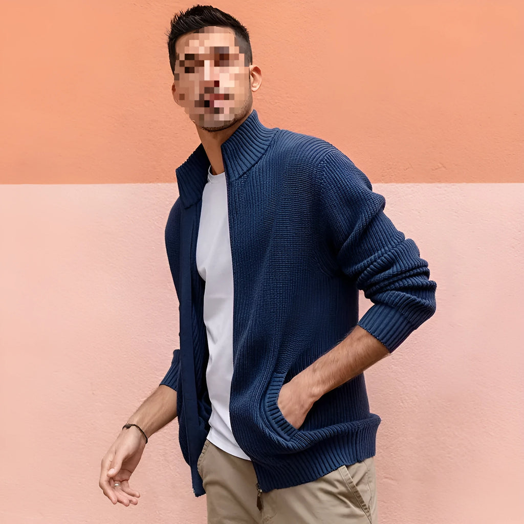 Men's half-high collar spandex cardigan with batwing sleeves in sapphire blue