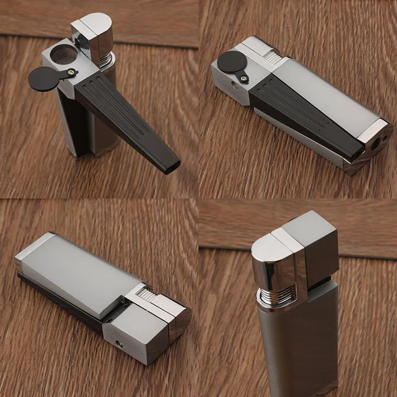 Silver foldable metal pipe lighter shown open, revealing the lighter mechanism and a small stash compartment.