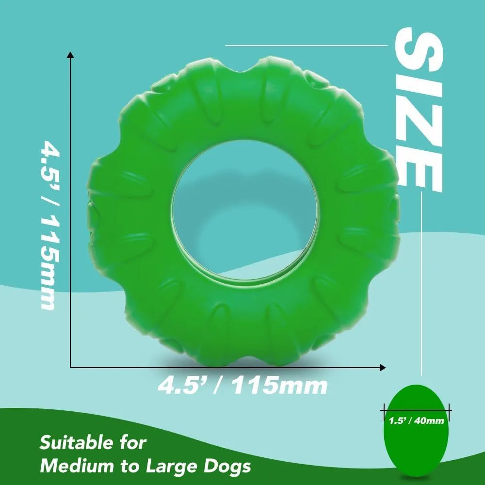 Blue, green, and red tyre-shaped dog chew toy with oval openings, a slow feeder and treat dispenser.