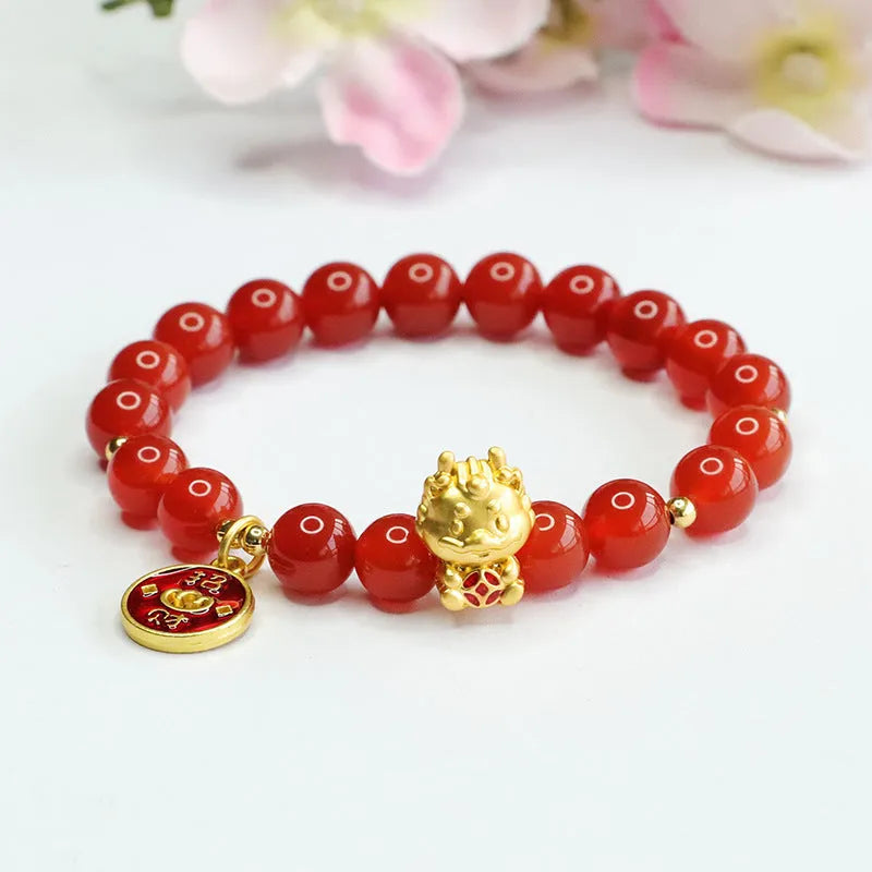 Red agate stone bead dragon zodiac bracelet with traditional Chinese design