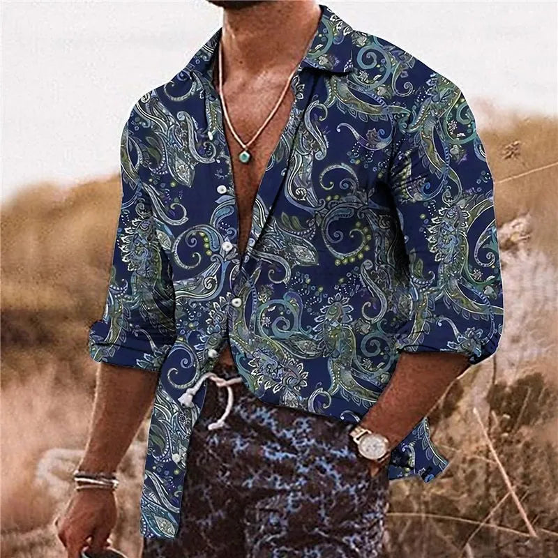 Man wearing a loose-fit long sleeve shirt with a vibrant 3D digital print floral pattern.