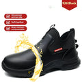 Men's black high-cut chef work shoes with a microfiber leather upper and rubber sole.